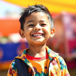 Create an image of a joyful and confident young boy, with a radiant smile and a vibrant outfit, standing in a sunny, colorful outdoor setting