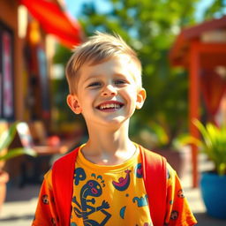 Create an image of a joyful and confident young boy, with a radiant smile and a vibrant outfit, standing in a sunny, colorful outdoor setting