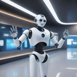 A friendly AI robot waving hello in a futurist setting