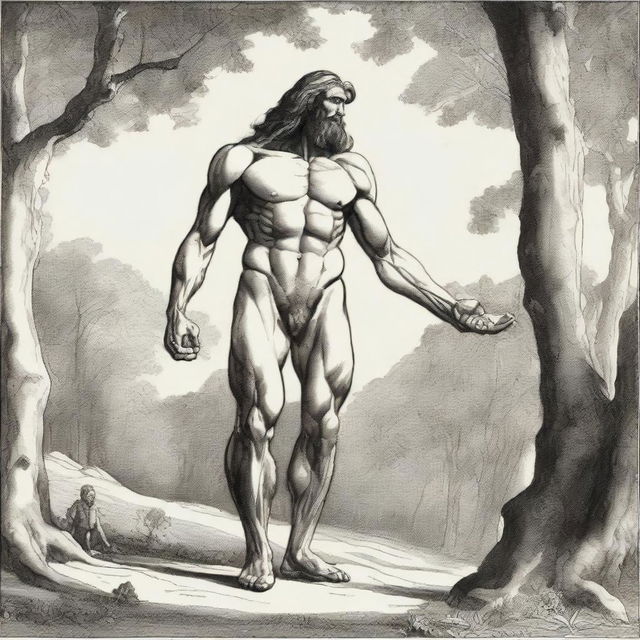 In a wooded area, a tall, handsome, hairy, lean, and thin yet masculine giant with visible obliques and low-hanging features stands above a small, thin, petite, hairless man