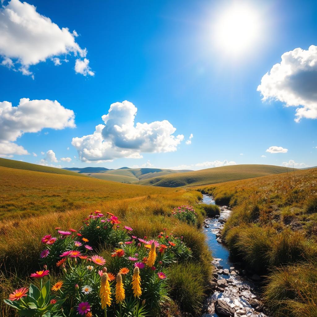 A beautiful landscape with rolling hills, a bright blue sky, and a few fluffy clouds