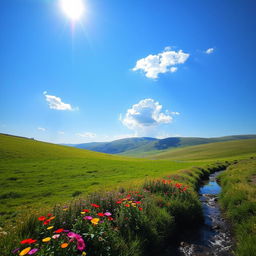 A beautiful landscape with rolling hills, a bright blue sky, and a few fluffy clouds