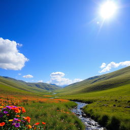 A beautiful landscape with rolling hills, a bright blue sky, and a few fluffy clouds