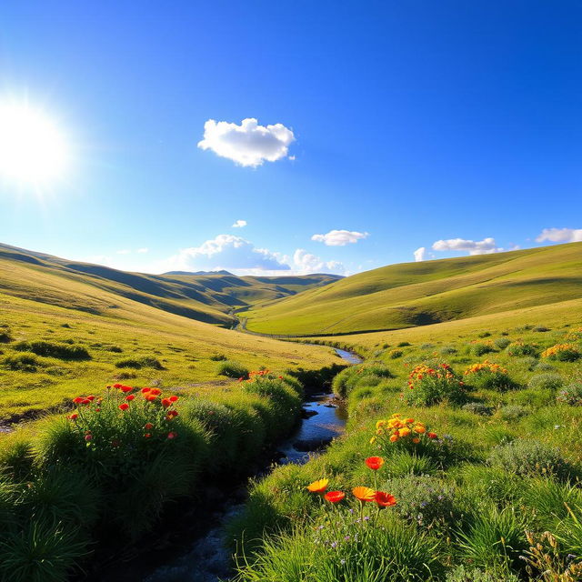 A beautiful landscape with rolling hills, a bright blue sky, and a few fluffy clouds