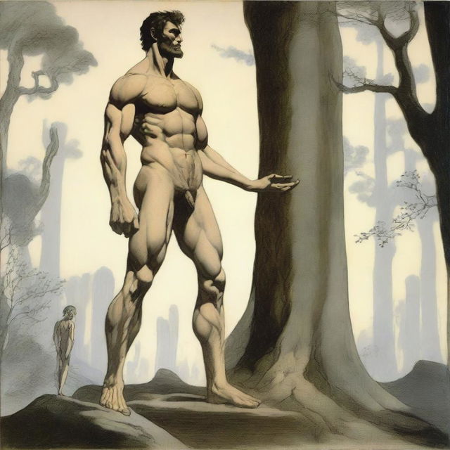 In a wooded area, a tall, handsome, hairy, lean, and thin yet masculine giant with visible obliques and low-hanging features stands above a small, thin, petite, hairless man