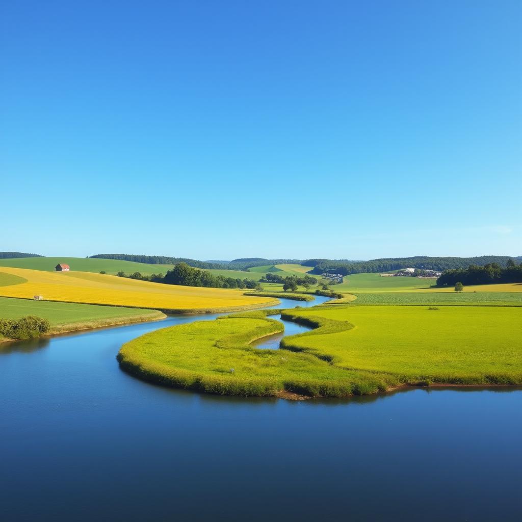 A serene landscape featuring a clear blue sky, lush green fields, and a calm river flowing through the center