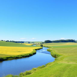 A serene landscape featuring a clear blue sky, lush green fields, and a calm river flowing through the center