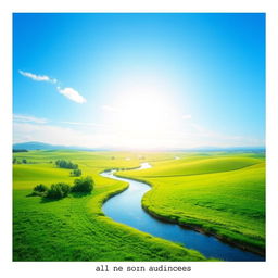 A serene landscape featuring a clear blue sky, lush green fields, and a calm river flowing through the center