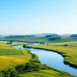 A serene landscape featuring a clear blue sky, lush green fields, and a calm river flowing through the center