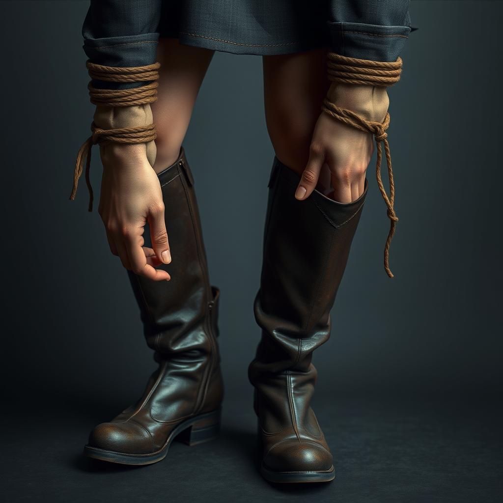 A photo-realistic image of a person with bound wrists, wearing knee-length boots and a short skirt