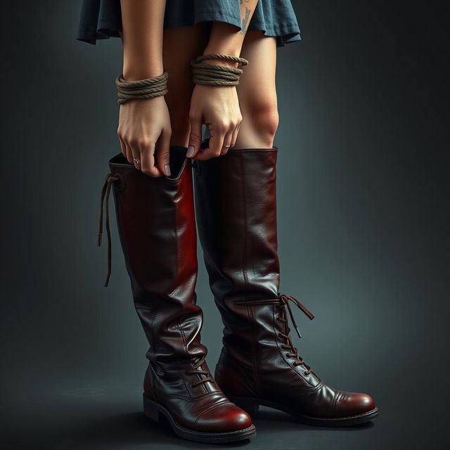 A photo-realistic image of a person with bound wrists, wearing knee-length boots and a short skirt