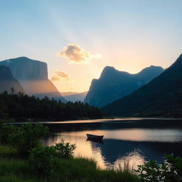 A serene landscape featuring a peaceful lake surrounded by lush greenery and tall mountains in the background