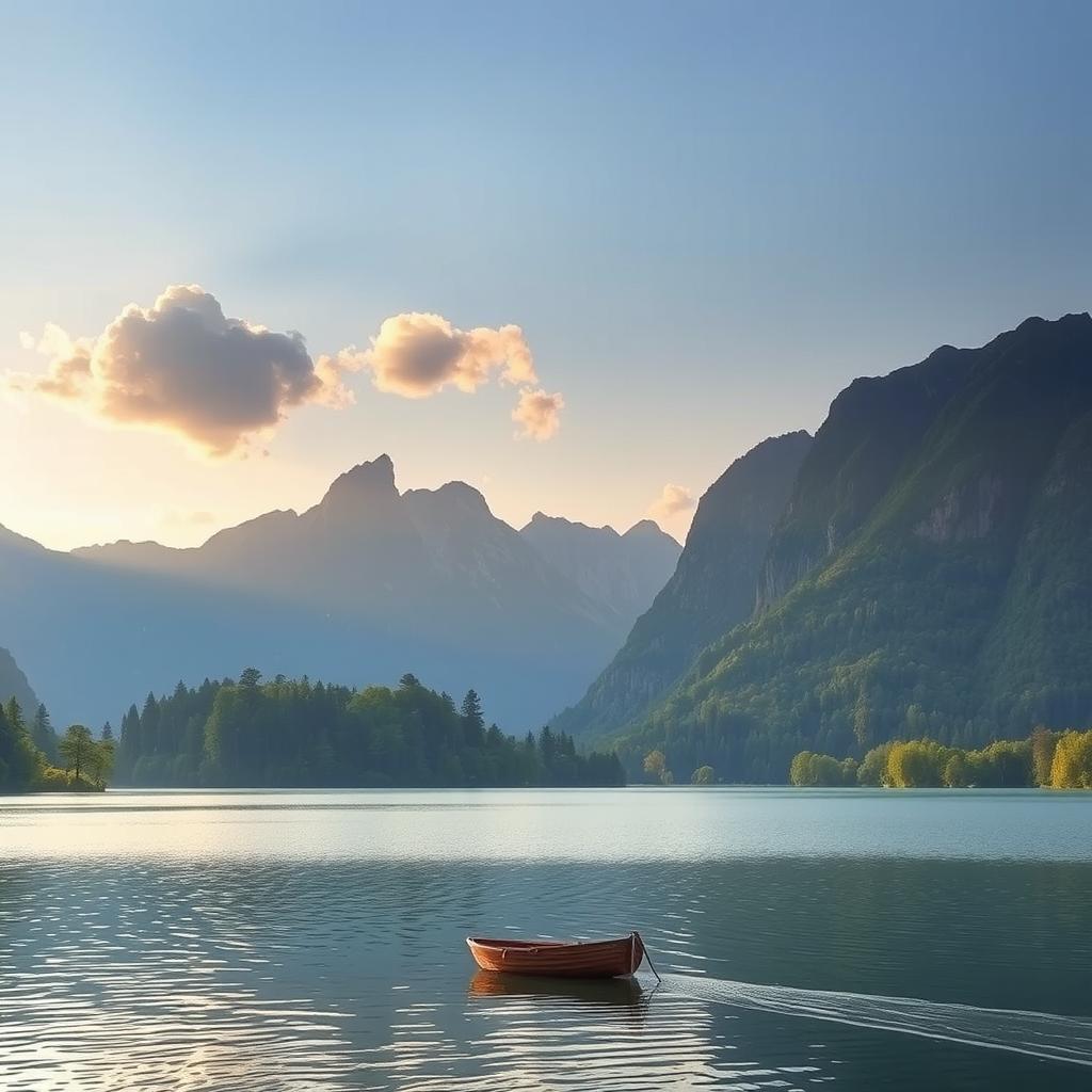 A serene landscape featuring a peaceful lake surrounded by lush greenery and tall mountains in the background