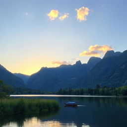 A serene landscape featuring a peaceful lake surrounded by lush greenery and tall mountains in the background