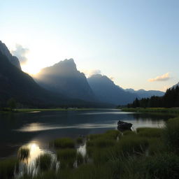 A serene landscape featuring a peaceful lake surrounded by lush greenery and tall mountains in the background