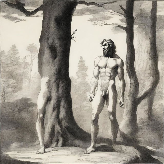 In a wooded area, a tall, handsome, hairy, lean, and thin yet masculine giant with visible obliques and low-hanging features stands above a small, thin, petite, hairless man