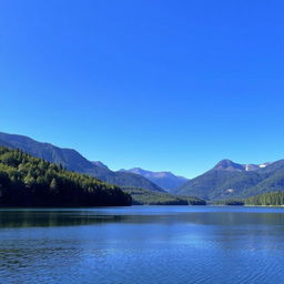 A serene landscape featuring a calm lake surrounded by lush green trees and mountains in the background under a clear blue sky