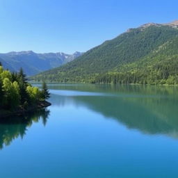 A serene landscape featuring a calm lake surrounded by lush green trees and mountains in the background under a clear blue sky