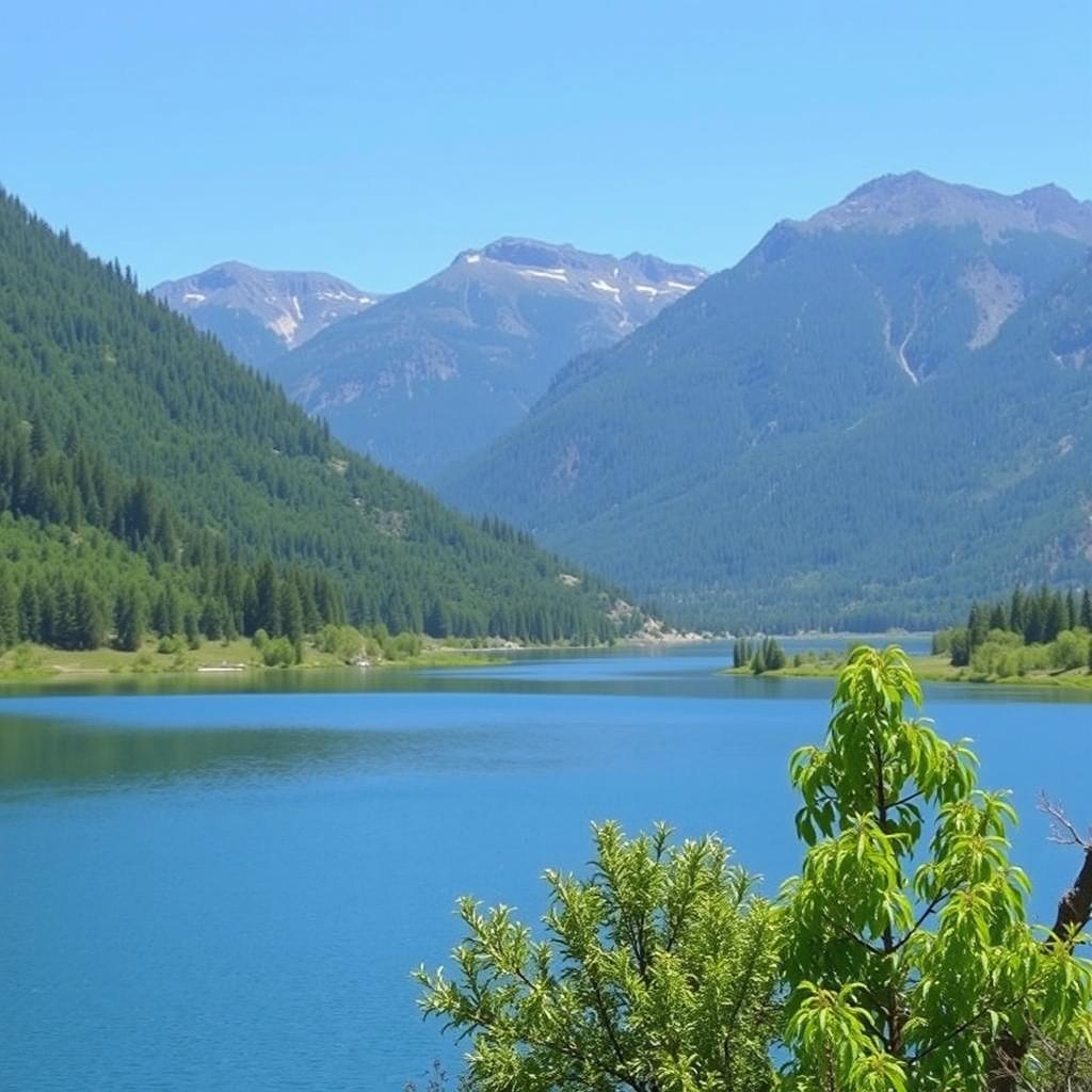 A serene landscape featuring a calm lake surrounded by lush green trees and mountains in the background under a clear blue sky