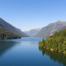 A serene landscape featuring a calm lake surrounded by lush green trees and mountains in the background under a clear blue sky