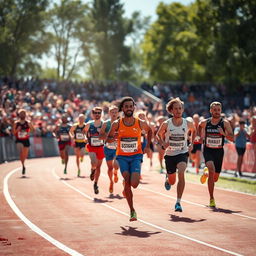 A dynamic scene of a running race featuring athletes sprinting on a track