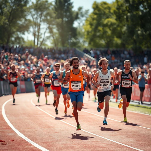 A dynamic scene of a running race featuring athletes sprinting on a track