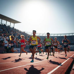 A dynamic scene of a running race featuring athletes sprinting on a track