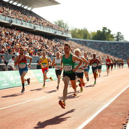 A dynamic scene of a running race featuring athletes sprinting on a track