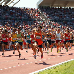 A dynamic scene of a running race featuring athletes sprinting on a track