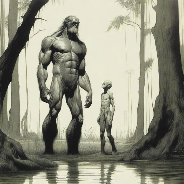 In a swamp, a tall, handsome, hairy, lean, and thin yet masculine giant with visible obliques and low-hanging features stands above a small, thin, petite, hairless man