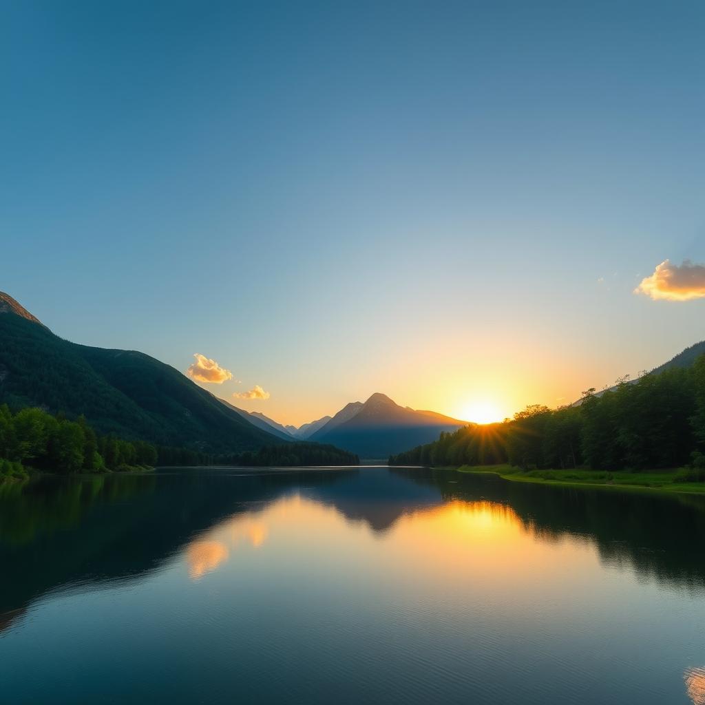 A beautiful landscape featuring a serene lake surrounded by lush green trees and mountains in the background