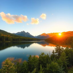 A beautiful landscape featuring a serene lake surrounded by lush green trees and mountains in the background