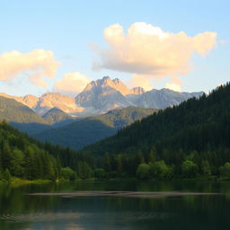 A beautiful landscape featuring a serene lake surrounded by lush green trees and mountains in the background