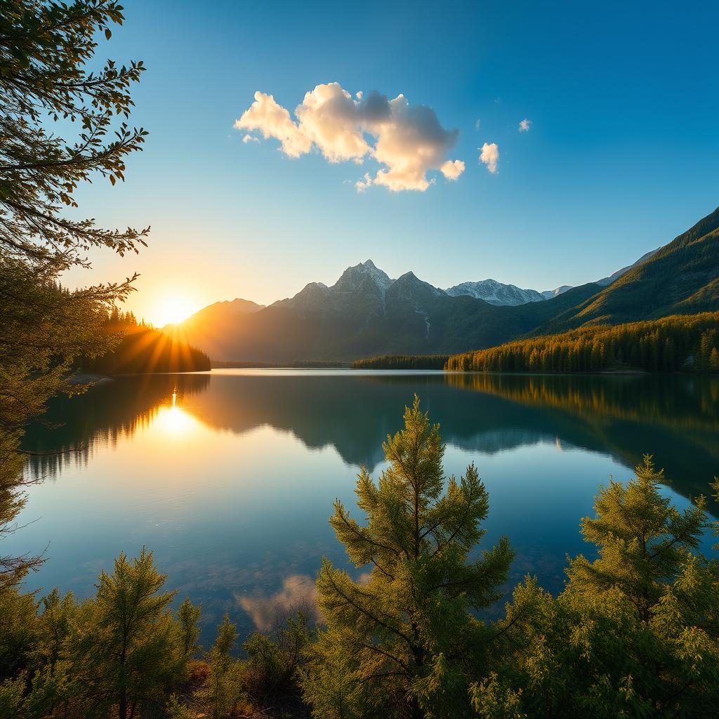 A beautiful landscape featuring a serene lake surrounded by lush green trees and mountains in the background