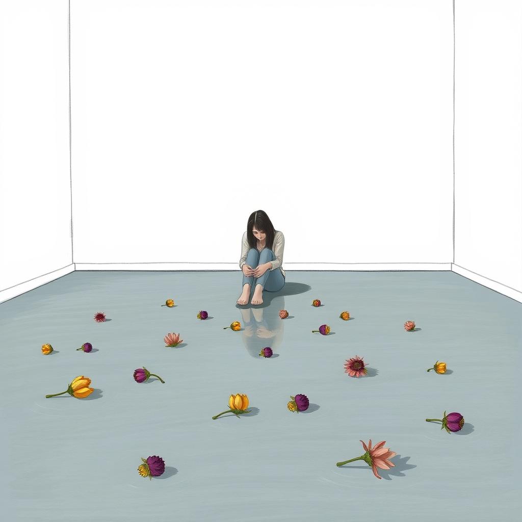 A sad woman sitting on the floor in an empty room with white walls