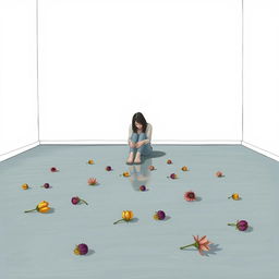 A sad woman sitting on the floor in an empty room with white walls