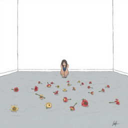 A sad woman sitting on the floor in an empty room with white walls