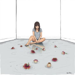 A sad woman sitting on the floor in an empty room with white walls