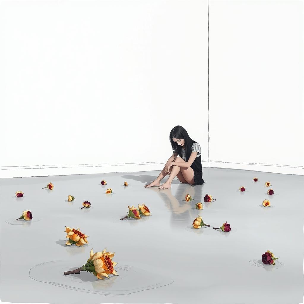 A sad woman sitting on the floor in an empty room with white walls