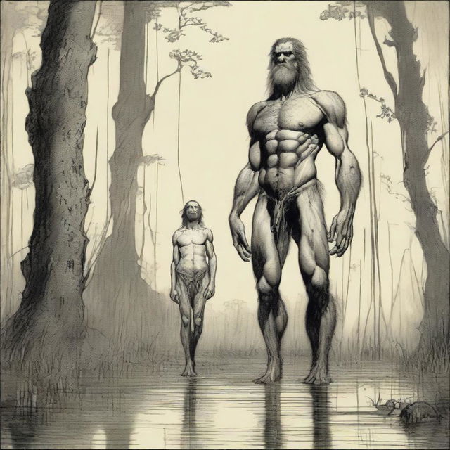 In a swamp, a tall, handsome, hairy, lean, and thin yet masculine giant with visible obliques and low-hanging features stands above a small, thin, petite, hairless man