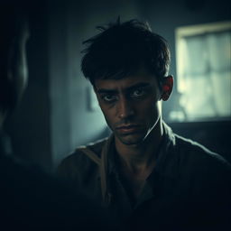 A somber scene featuring a person tied up and looking sad in a dimly lit setting, conveying a sense of sorrow and helplessness