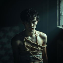 A somber scene featuring a person tied up and looking sad in a dimly lit setting, conveying a sense of sorrow and helplessness