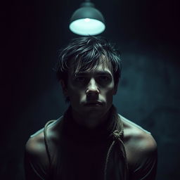 A somber scene featuring a person tied up and looking sad in a dimly lit setting, conveying a sense of sorrow and helplessness