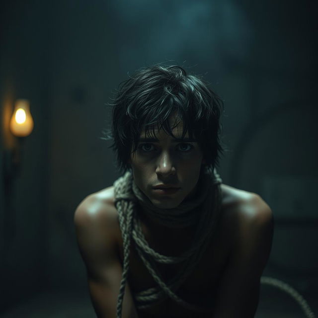 A somber scene featuring a person tied up and looking sad in a dimly lit setting, conveying a sense of sorrow and helplessness