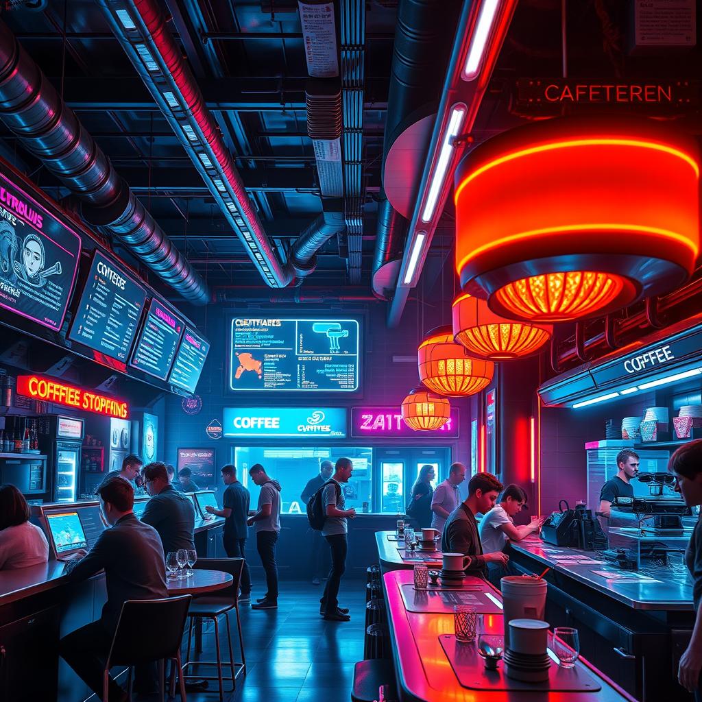 A futuristic cyberpunk coffee shop with neon lights, holographic menus, and robotic baristas