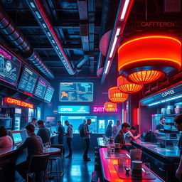 A futuristic cyberpunk coffee shop with neon lights, holographic menus, and robotic baristas