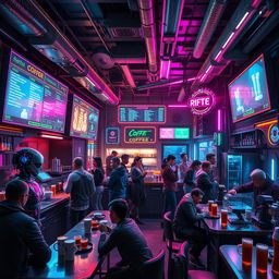 A futuristic cyberpunk coffee shop with neon lights, holographic menus, and robotic baristas