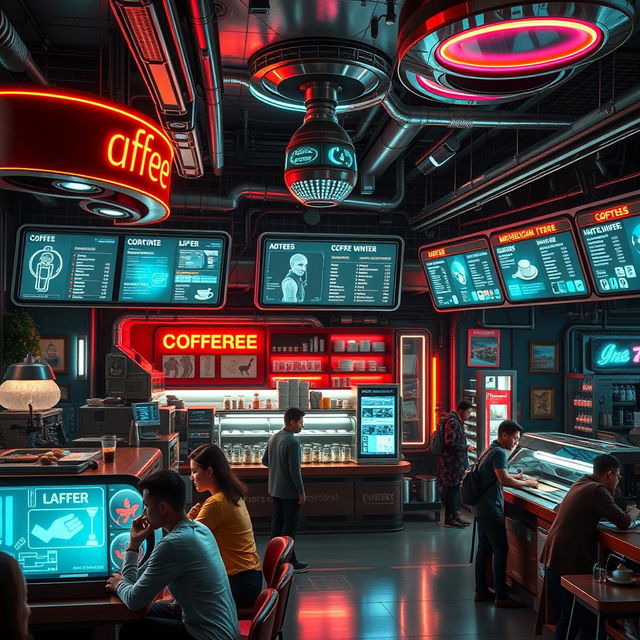 A futuristic cyberpunk coffee shop with neon lights, holographic menus, and robotic baristas