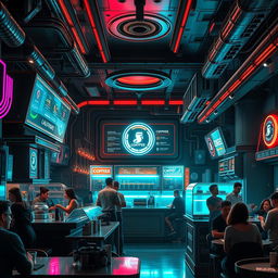 A futuristic cyberpunk coffee shop with neon lights, holographic menus, and robotic baristas