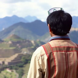 A Peruvian farmer from the 1960s, seen from the back